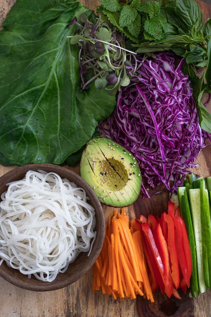 Vegetables and noodles for vegan lettuce wraps.