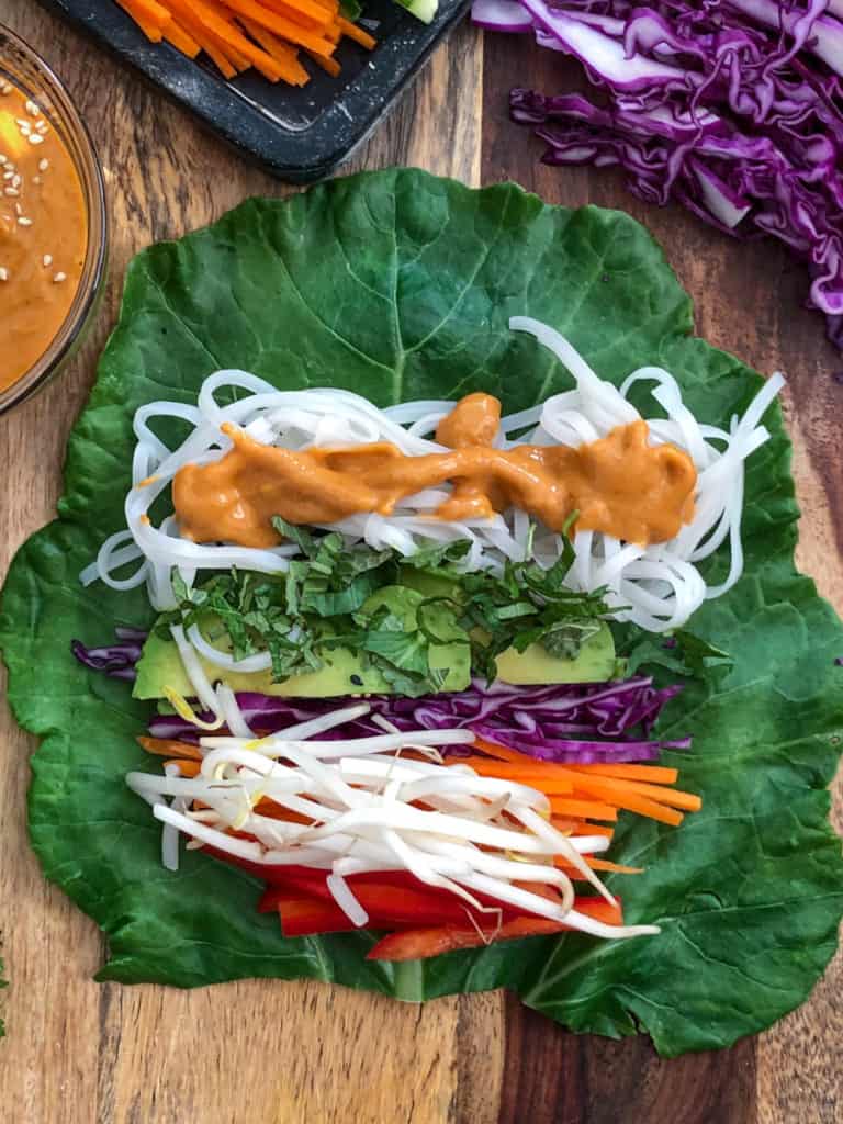 Vegan Salad Roll with noodles and Thai peanut dipping sauce.