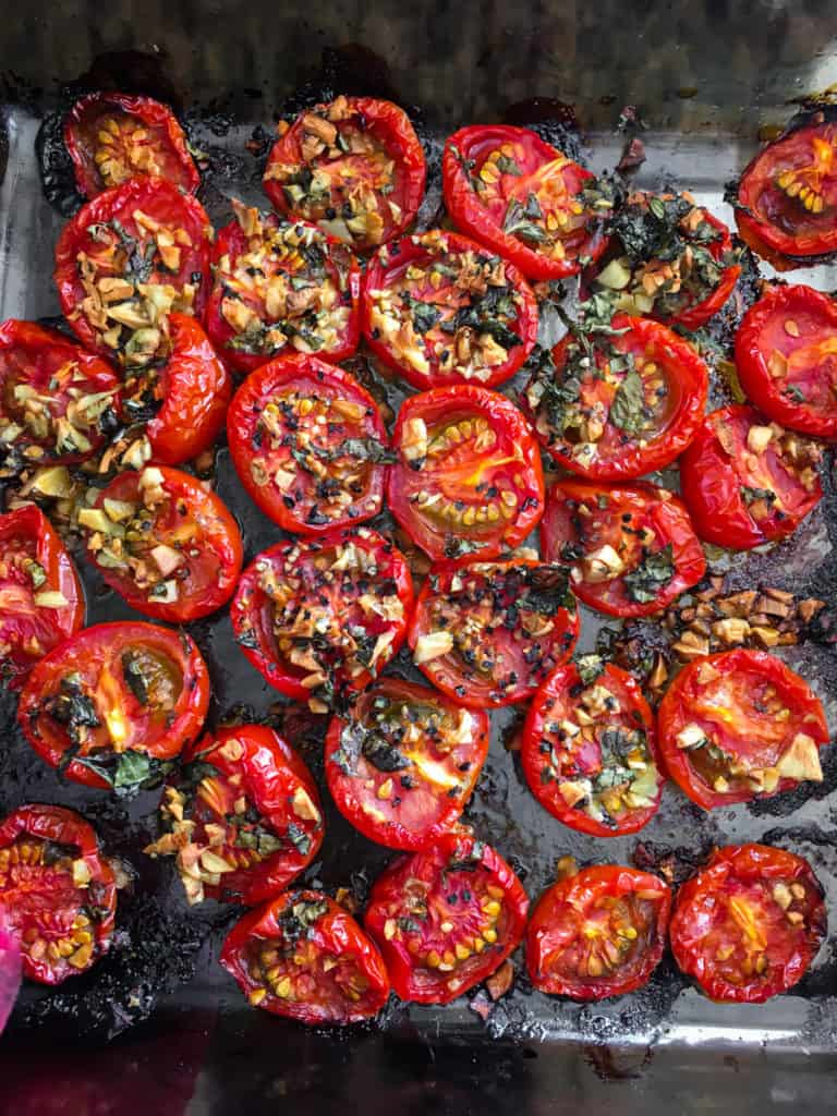 Roasting pan of slow roasted tomatoes.