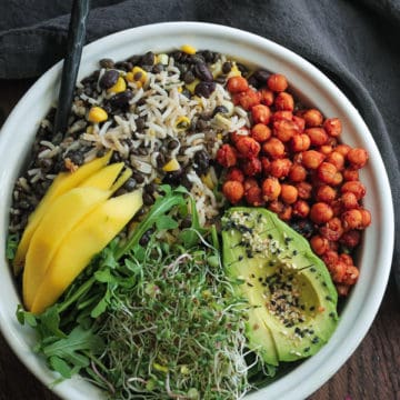 Buddha bowl with roasted chickpeas and avocado.