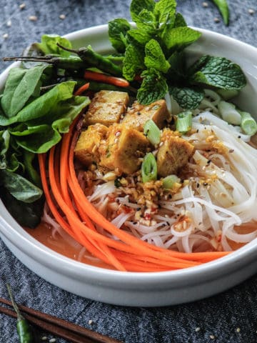 Tofu noodle bowl of soup with carrots and basil.