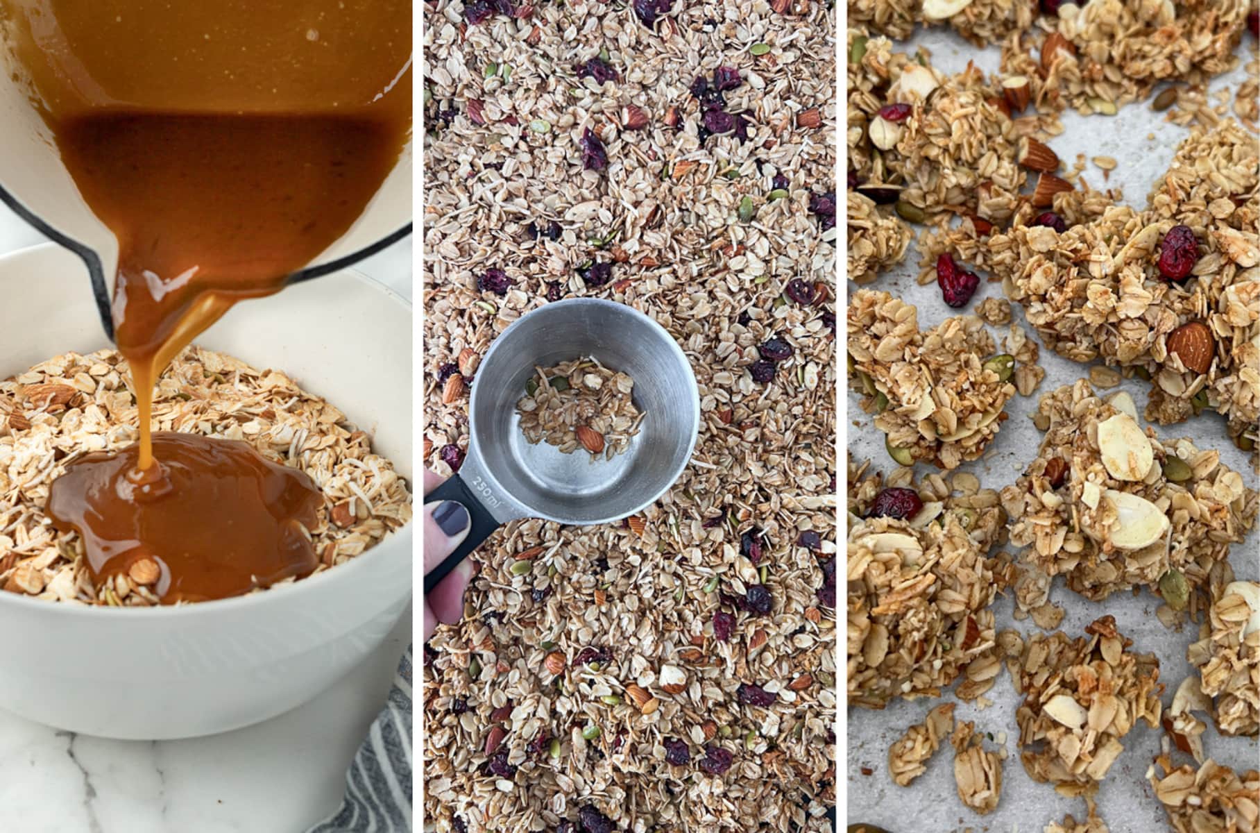 Three process photos showing how to make homemade granola. Mixing, pressing, and the final shot of granola clusters on a baking sheet.