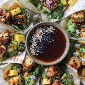 Tofu Mango tacos with Guacamole and a dipping sauce