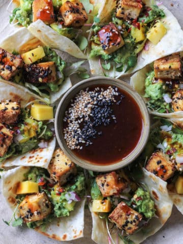 Tofu Mango tacos with Guacamole and a dipping sauce