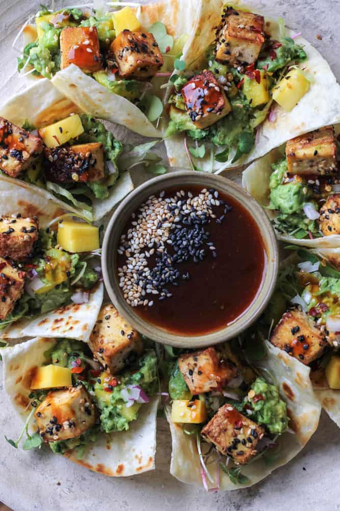 Spicy Tofu Tacos with Mango Guacamole