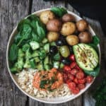 Mediterranean bowl with green potatoes, avocado and olives.