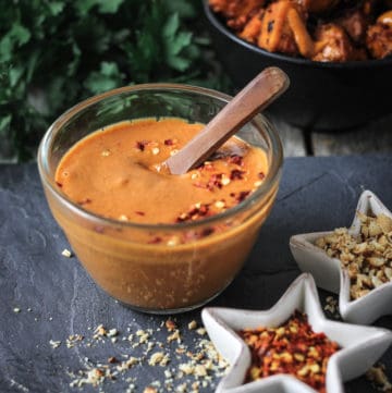Spicy peanut sauce in a bowl.