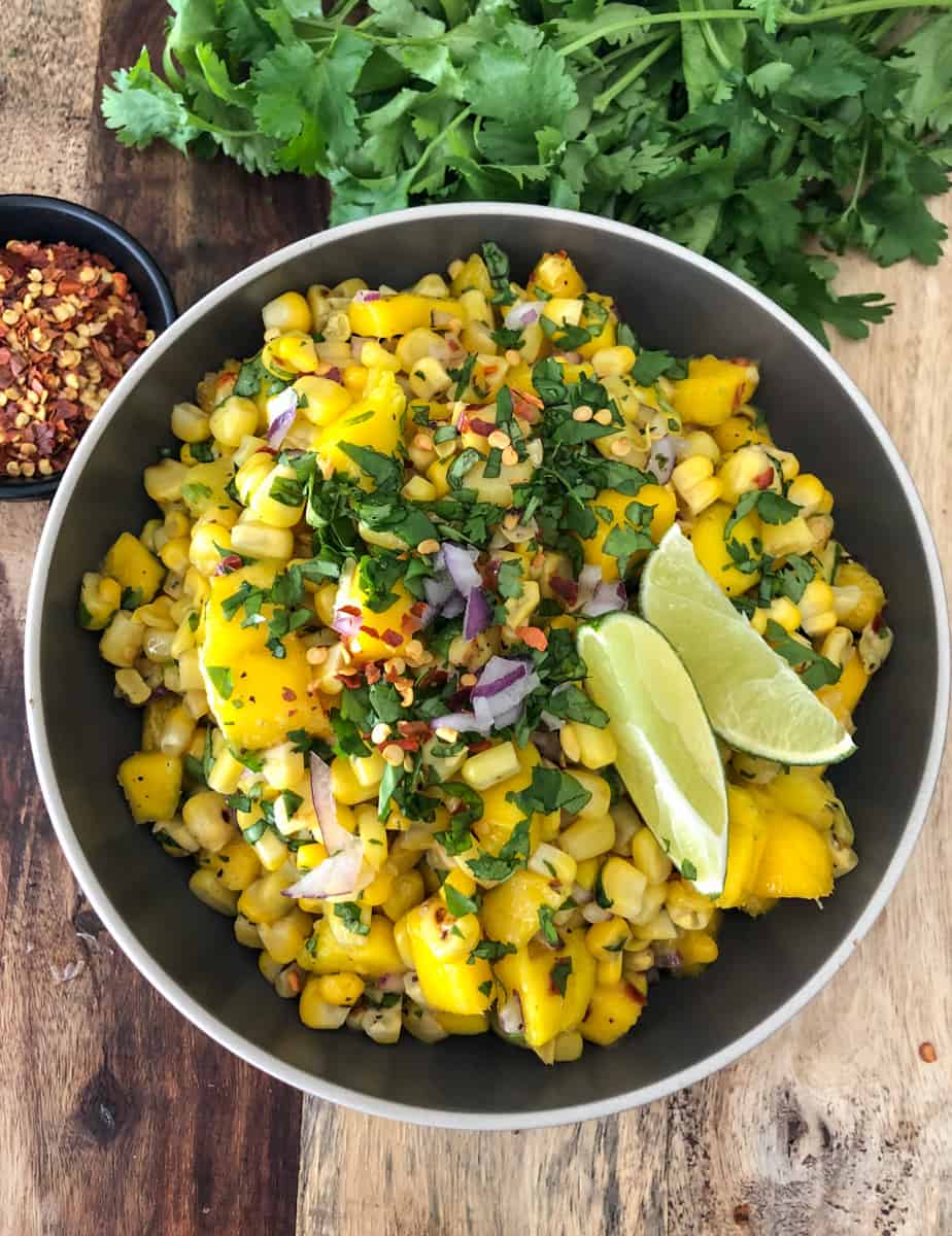 Big bowlful of mango corn salsa.