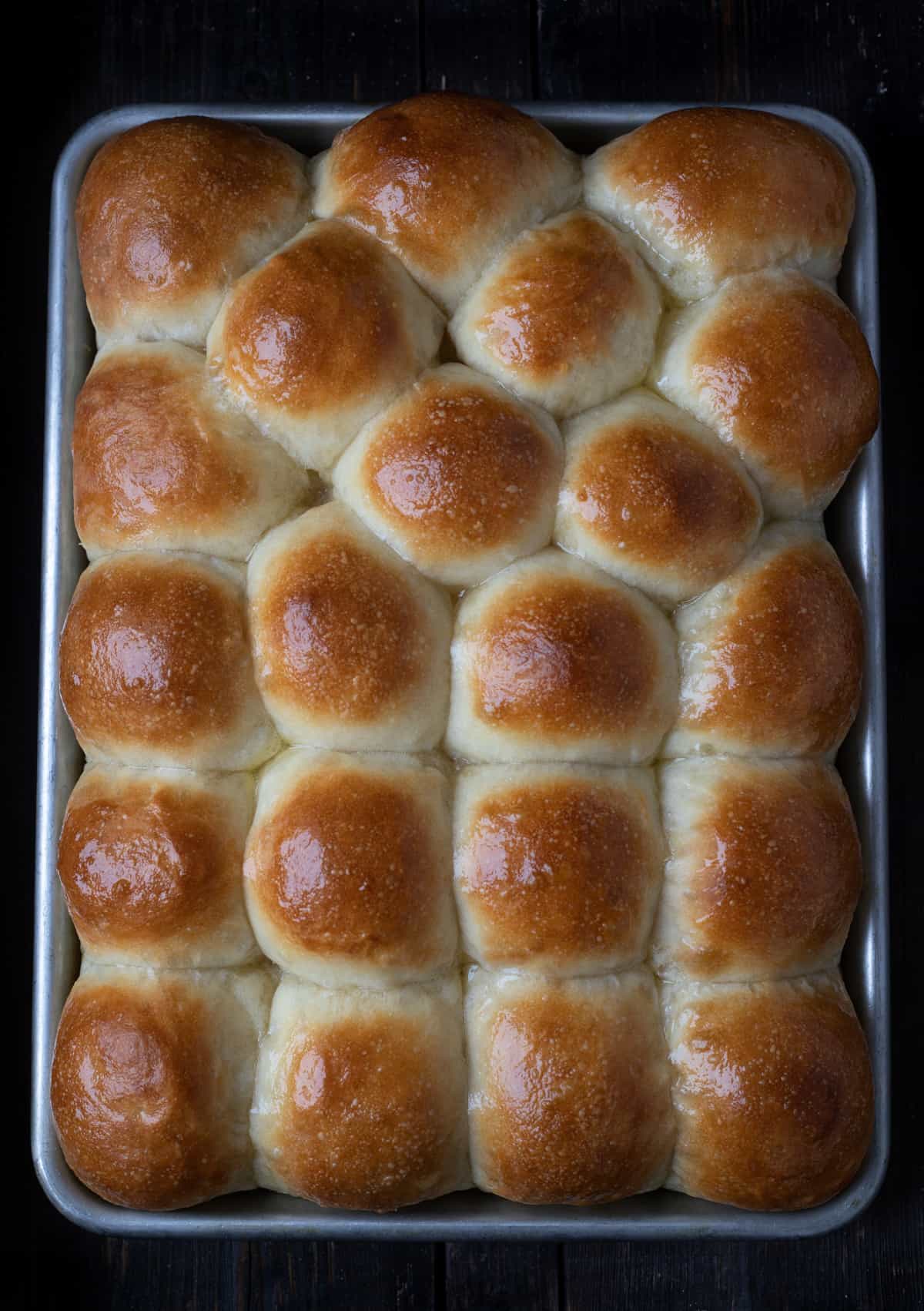 Tray full of freshly baked dairy-free yeast rolls with buttery golden tops.
