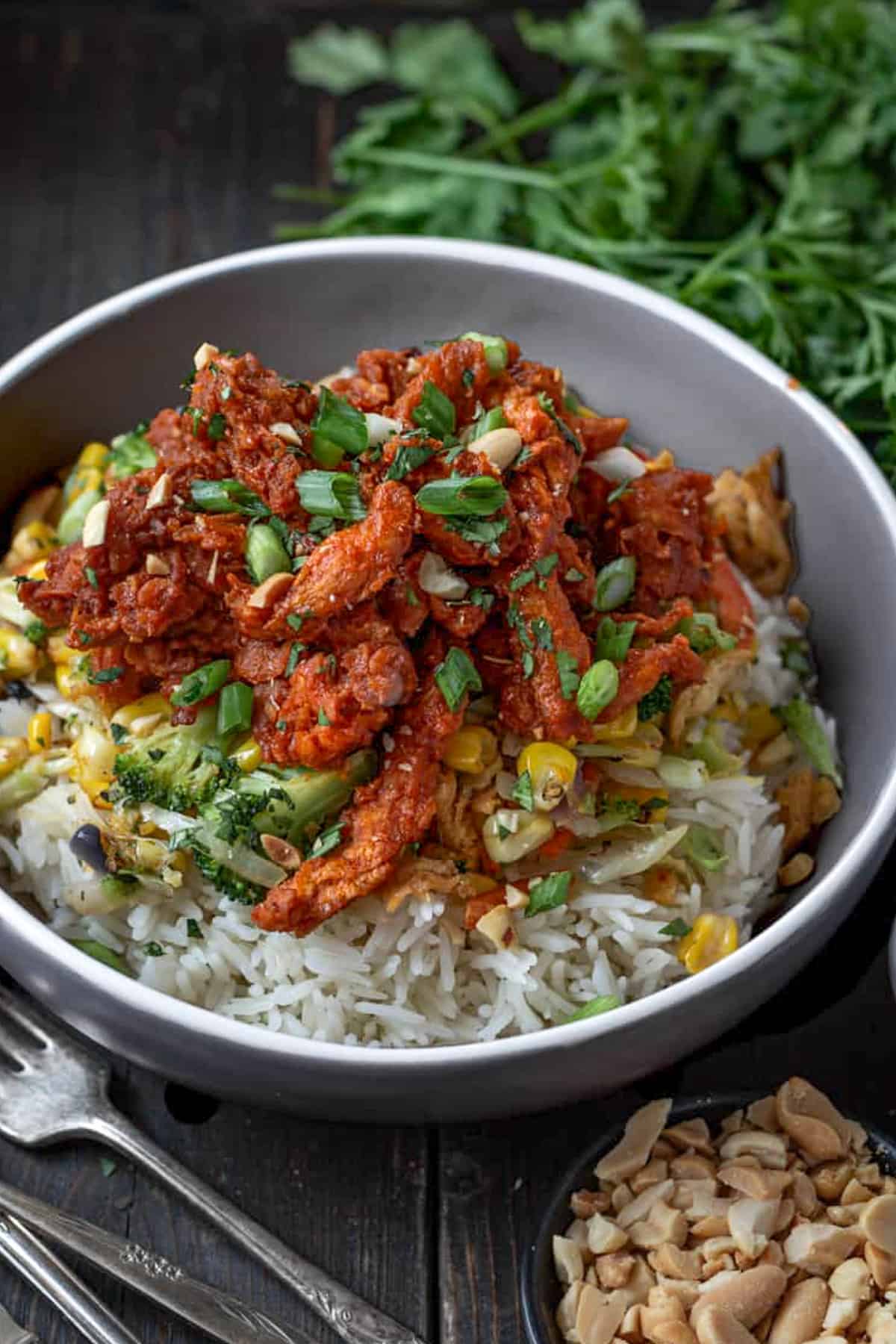 Vegan ginger chicken and stir fry vegetables on rice.