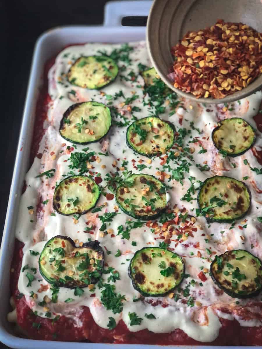 Veggie vegan lasagna in a pan ready for oven.