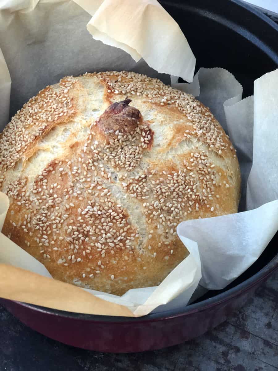 Freshly baked, no knead overnight bread in a Dutch oven.