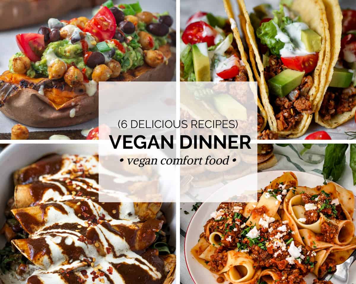 Collage of four vegan dinner recipes.