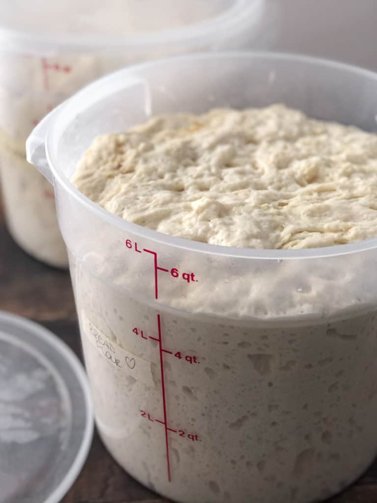 Big bucket of bread dough proofing on counter.