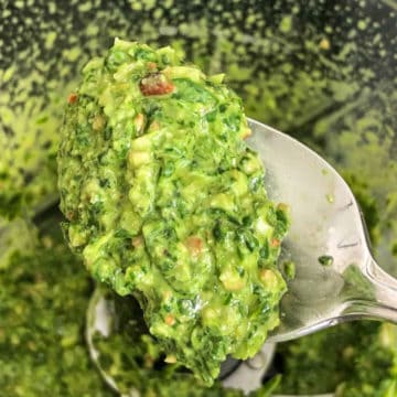 Spoonful of Pesto scooped out of a food processor.