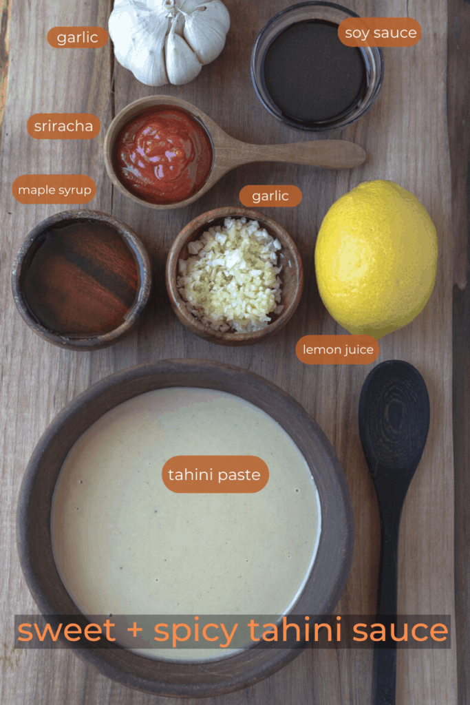 Ingredients for sweet and spicy tahini sauce on baking sheet.