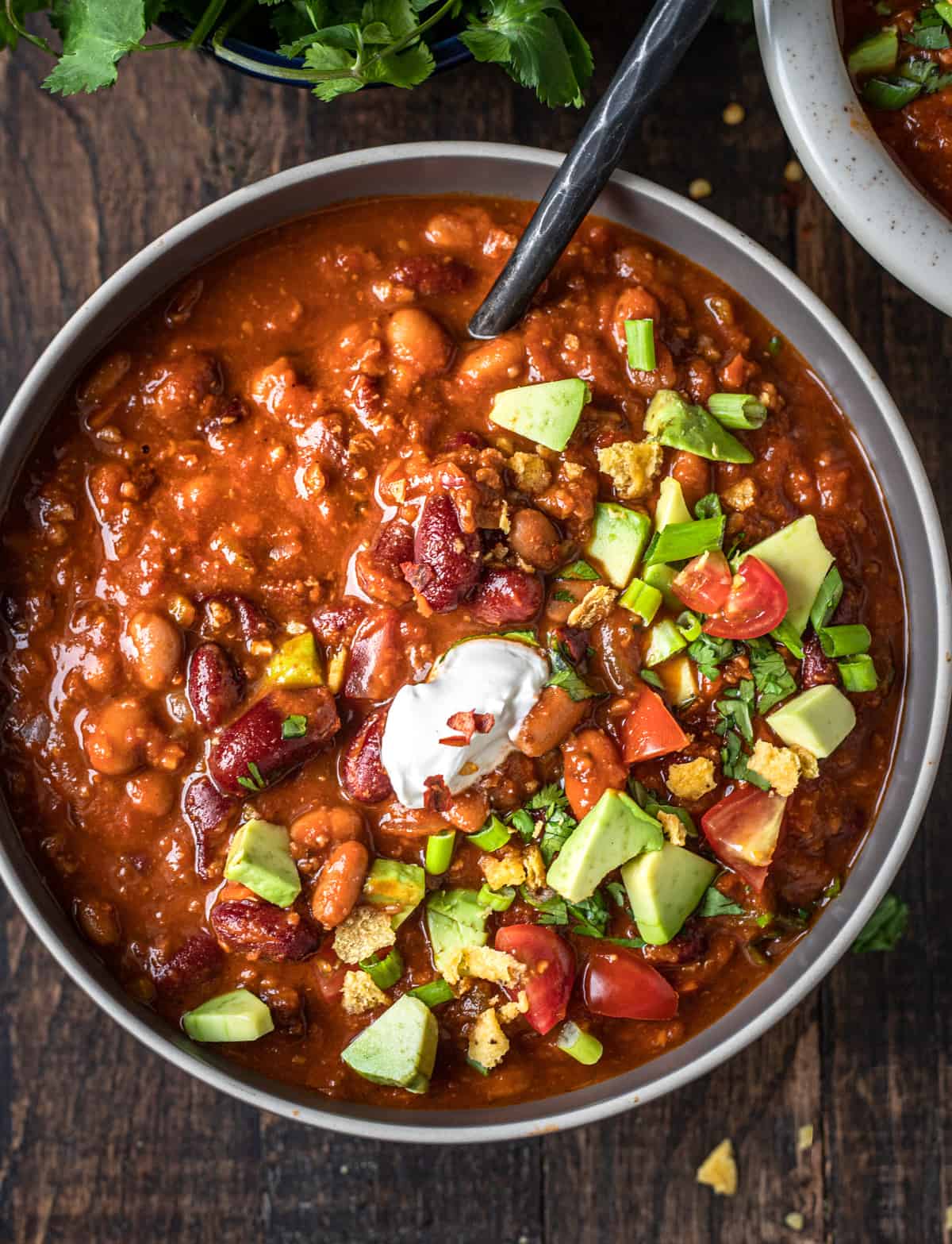 Bowlful of meaty vegan chili.