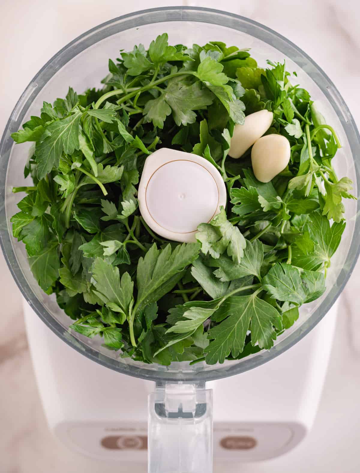 Italian parsley and garlic cloves in the bowl of a food processor.
