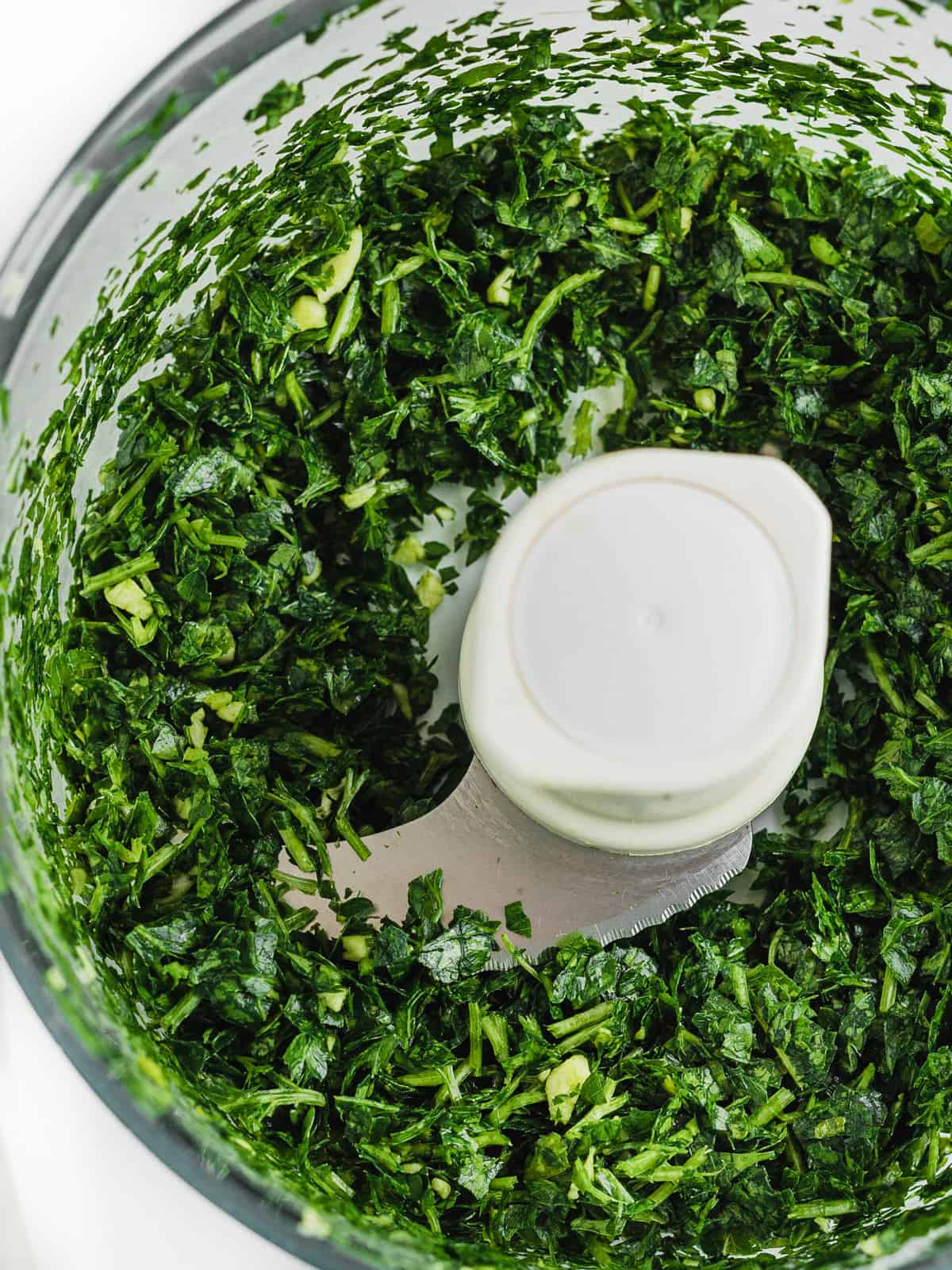 Food processor filled with blended parsley.