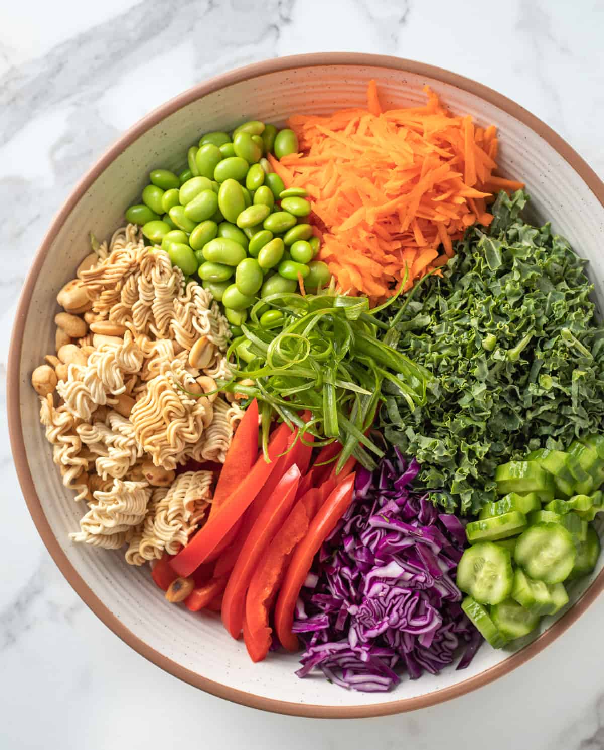 Serving bowl with coleslaw, shredded carrots, edamame, kale, cucumber and noodles.