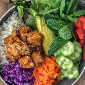 Tofu, avocado, carrot, and cucumber noodle bowl with peanut sauce.