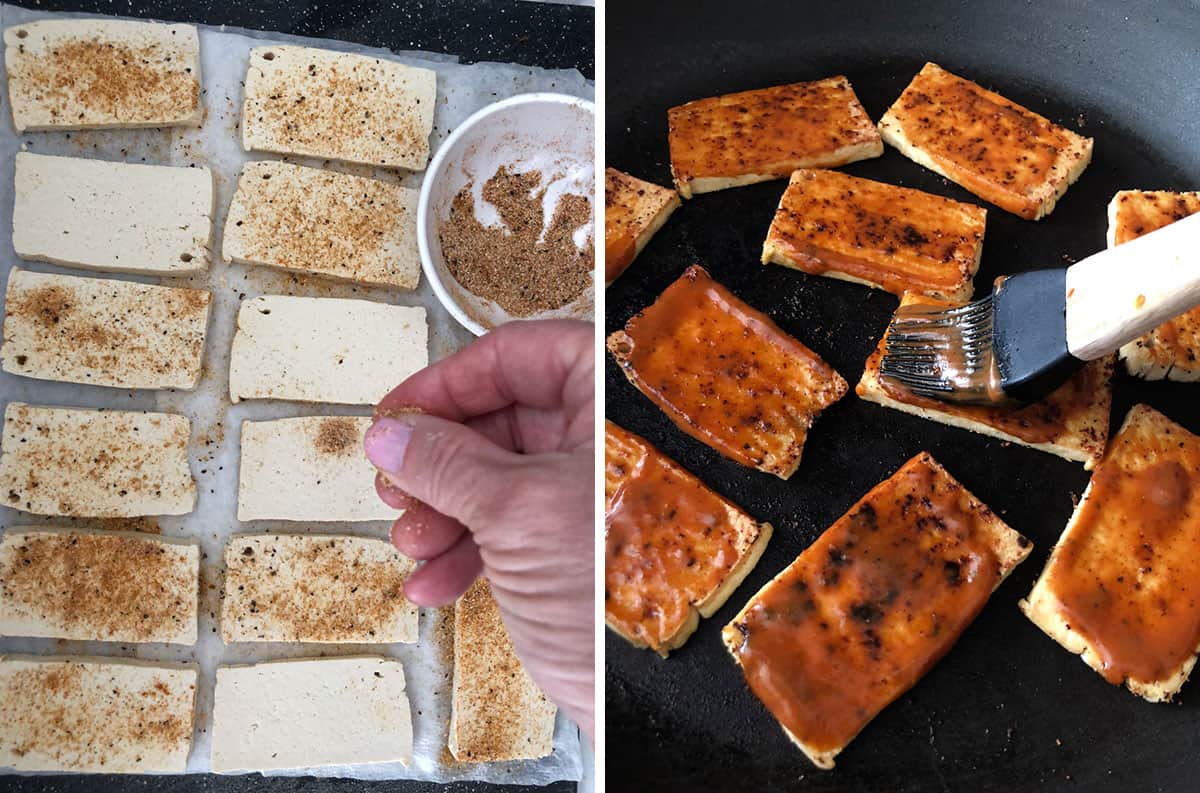 Spices being sprinkled on tofu slices.
