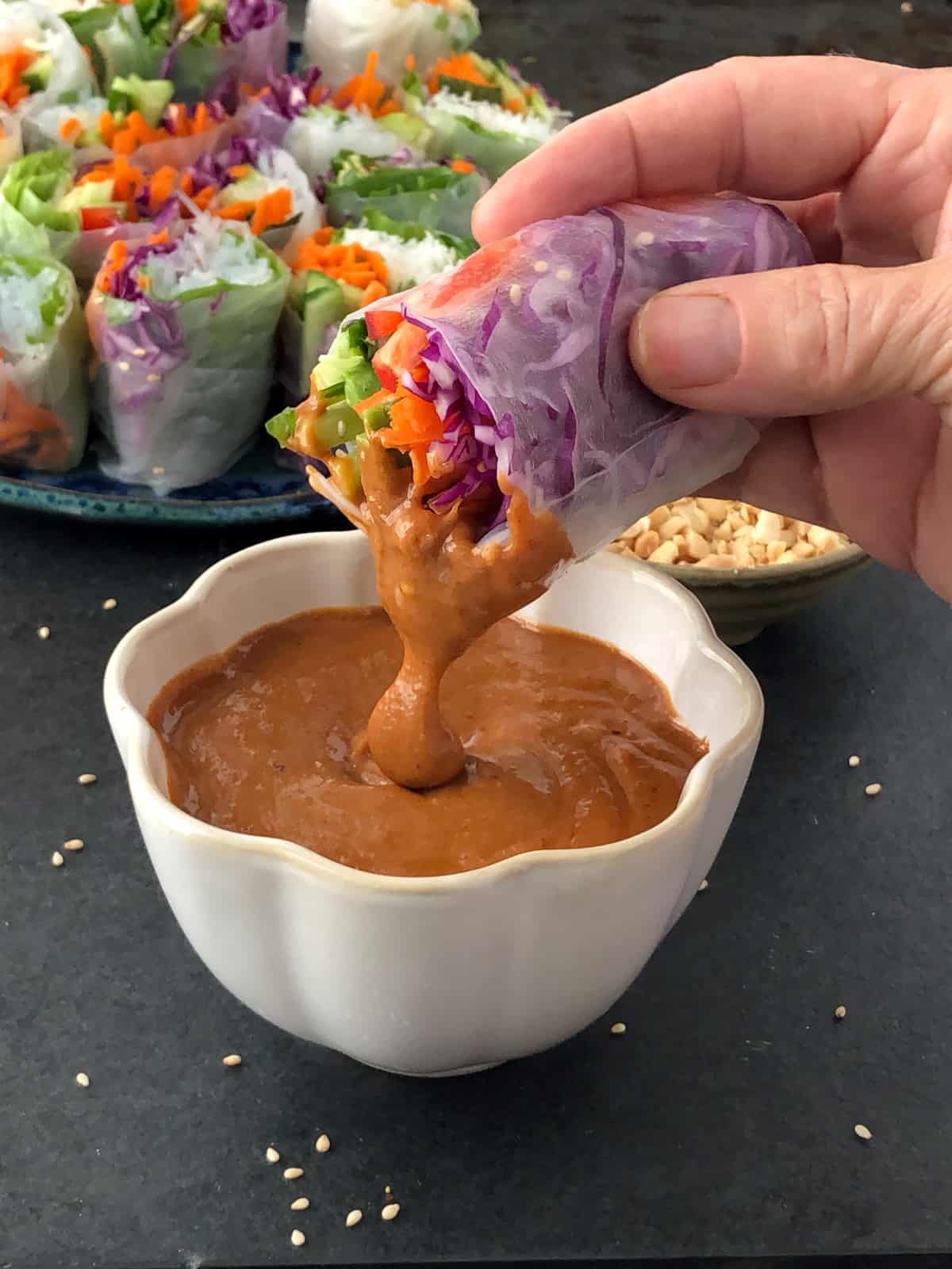 Vegan Rice Paper Rolls with Sriracha & Soy Sauce Tofu and Peanut