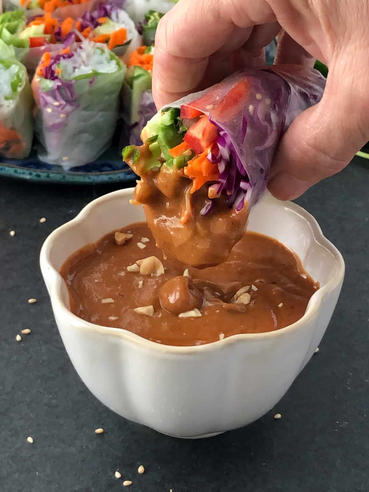 Bowl of spicy hoisin peanut dipping sauce.