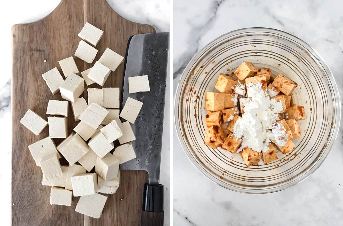 Tofu cut into cubes. Tofu in bowl with seasoning and cornstarch.