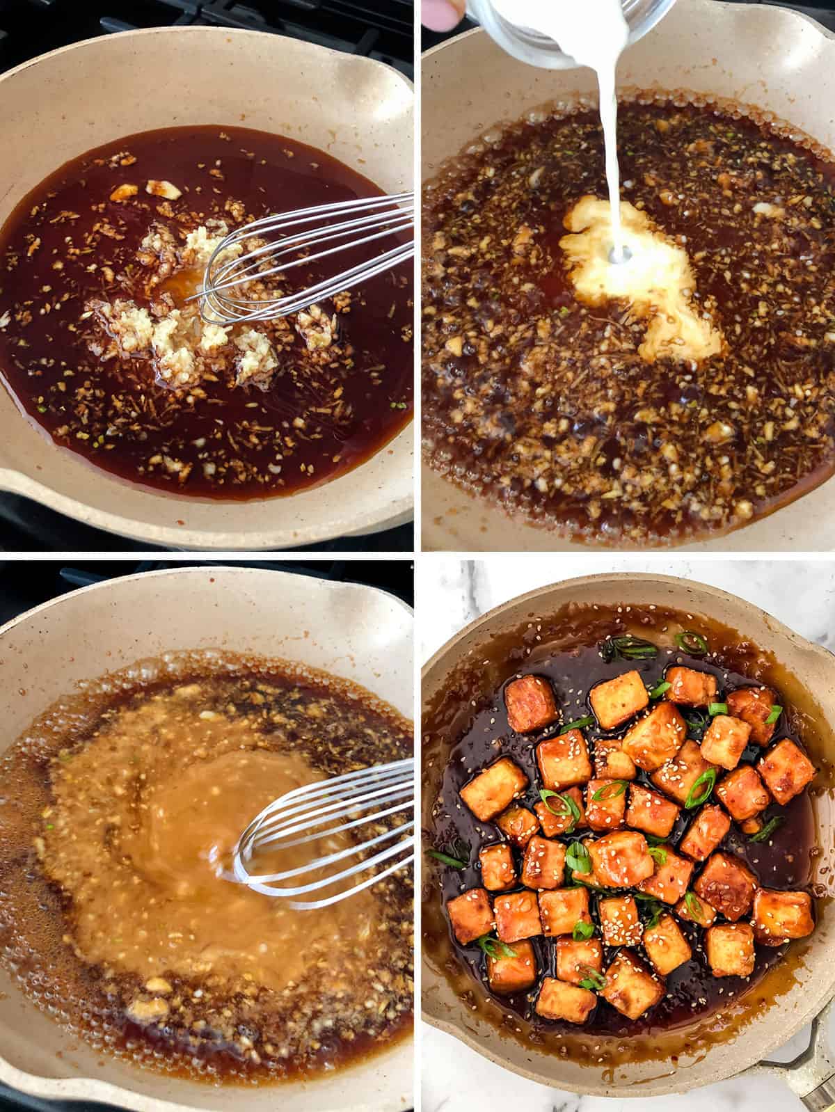 Four photos showing stages of making teriyaki sauce.