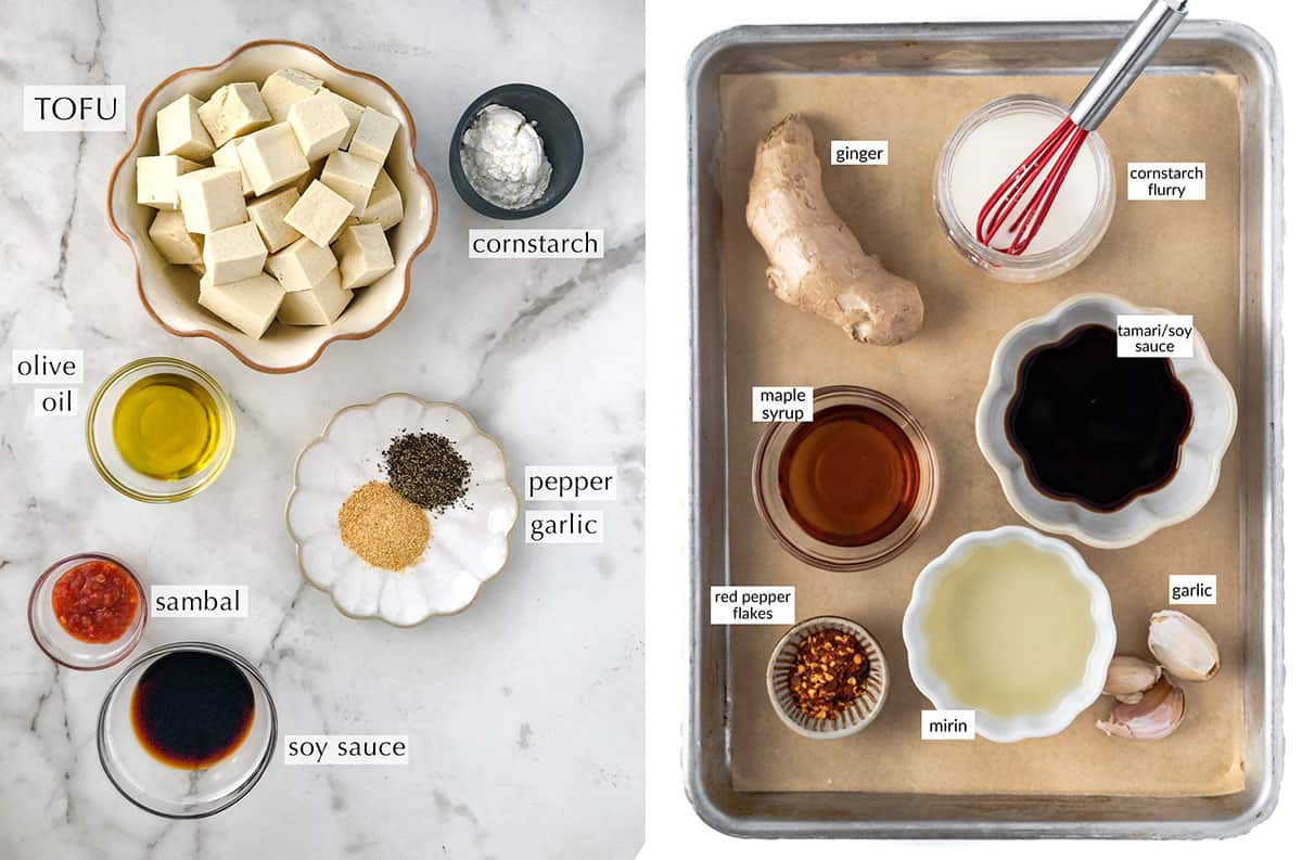 Ingredients for homemade teriyaki sauce and for baked tofu on a baking sheet.