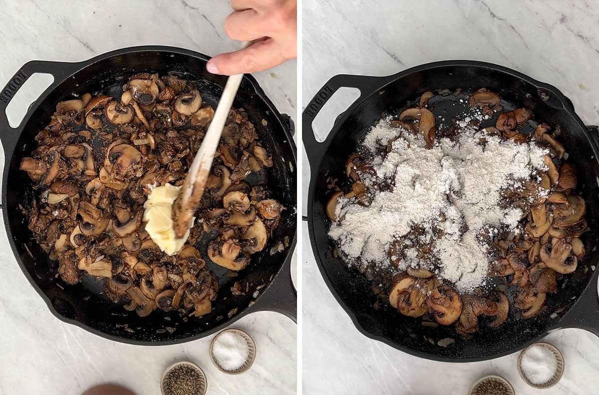Butter and flour being stirred into a frying pan full of mushrooms.