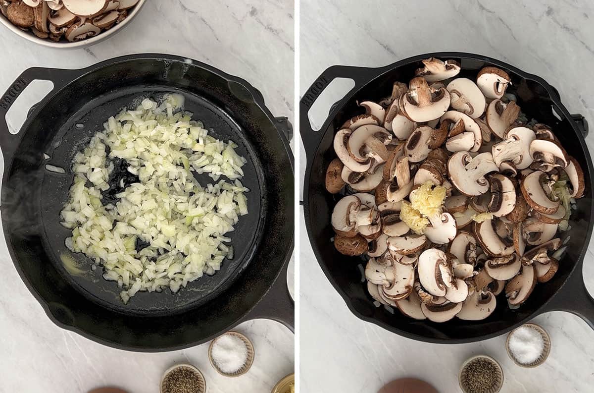 Onions and mushrooms sauteing in a cast iron pan. 