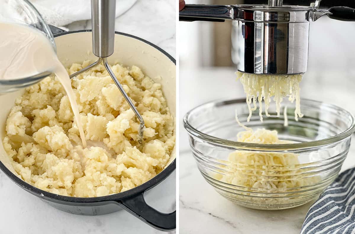 Potatoes being mashed into a pot. Potatoes being riced into a bowl.