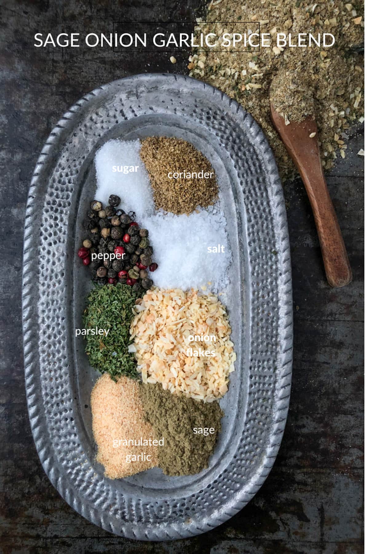 Silver tray with piles of spices for Sage seasoning blend.