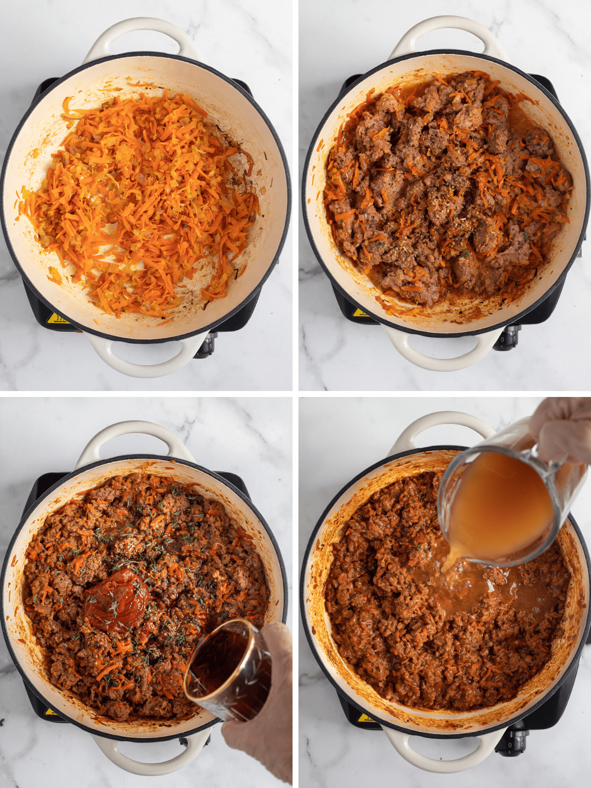 A series of 4 photos showing step by step instructions for making Shepherd's pie.