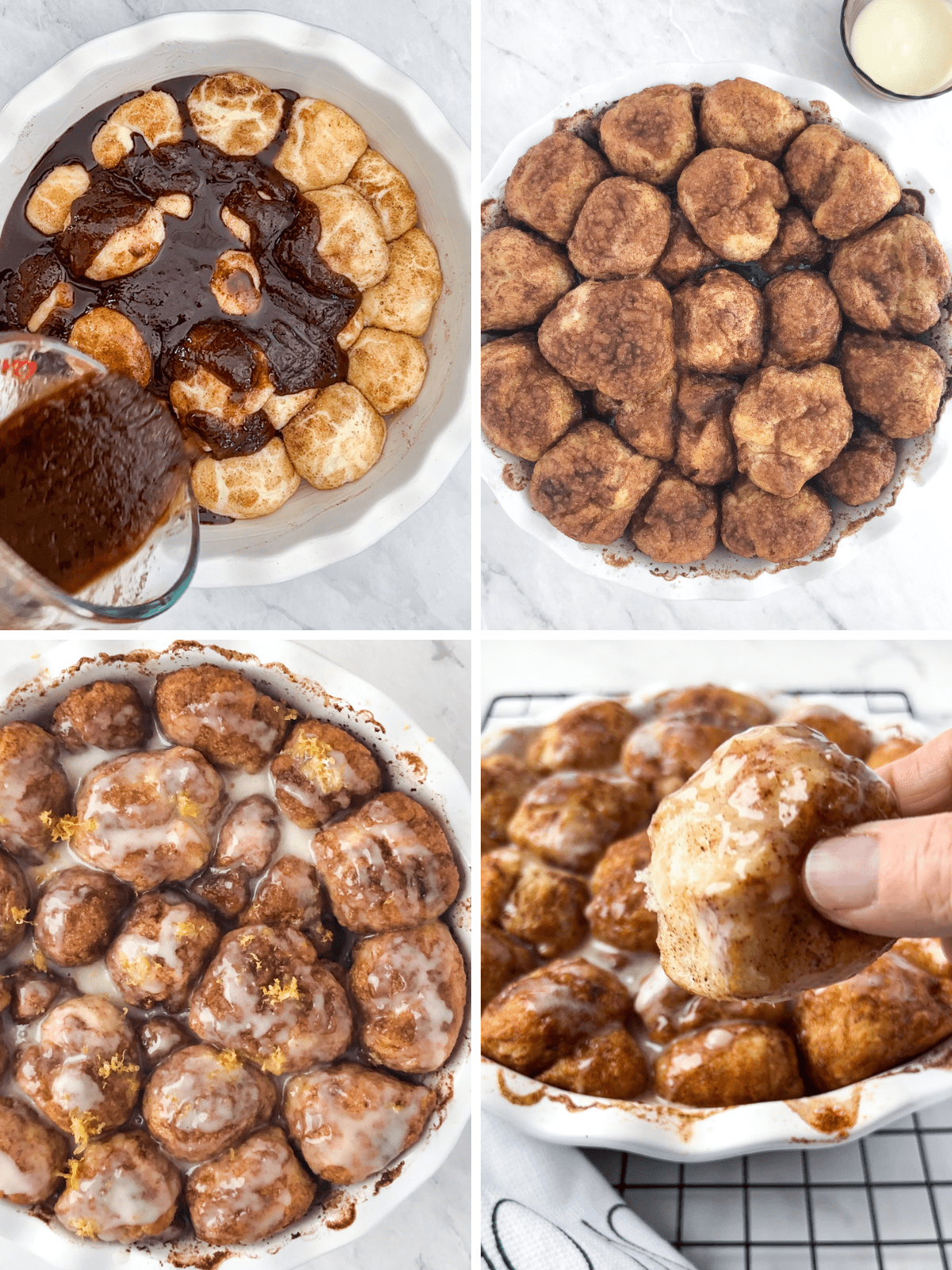 Four process shots including pouring brown sugar sauce on dough balls, proofing the bread and the final baked monkey bread.