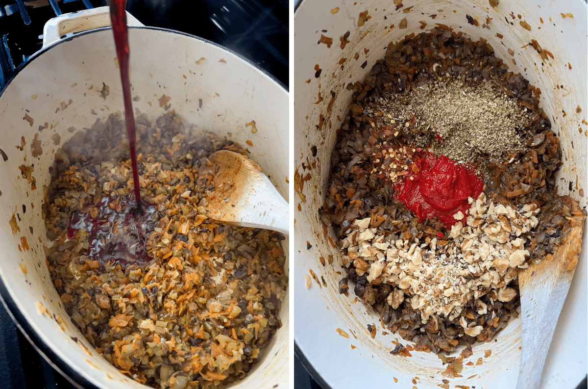 Two photos of lentil bolognese being cooked in a cast iron pan.