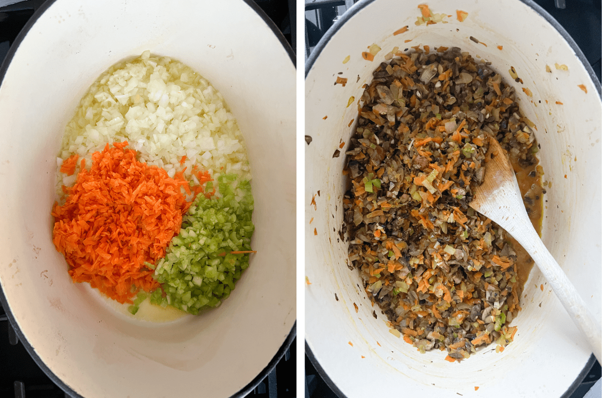Two photos showing stages of bolognese sauce being cooked.