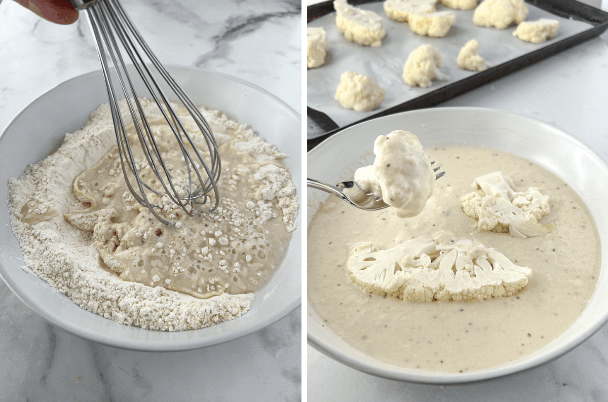 Two photos showing cauliflower burger being dipped in batter.