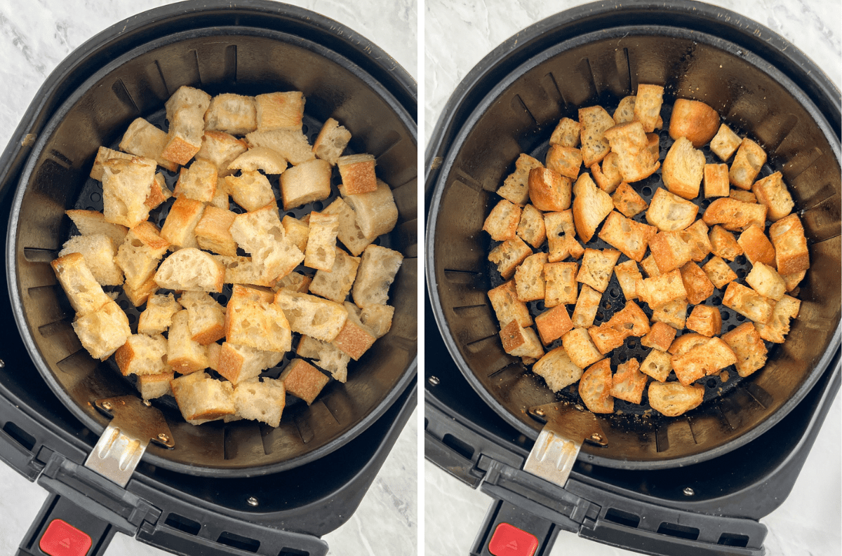 Two photos showing cubed bread in an air fryer. Before and after cooking.