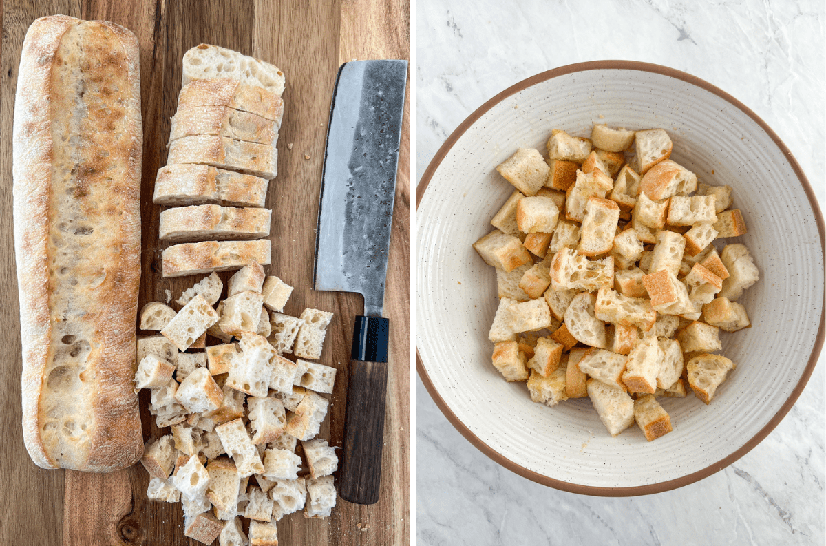 Photo of cubed baguette on cutting board and in a bowl.