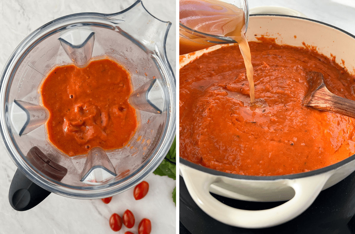 Tomato soup in the blender and then being cooked in a soup pot.
