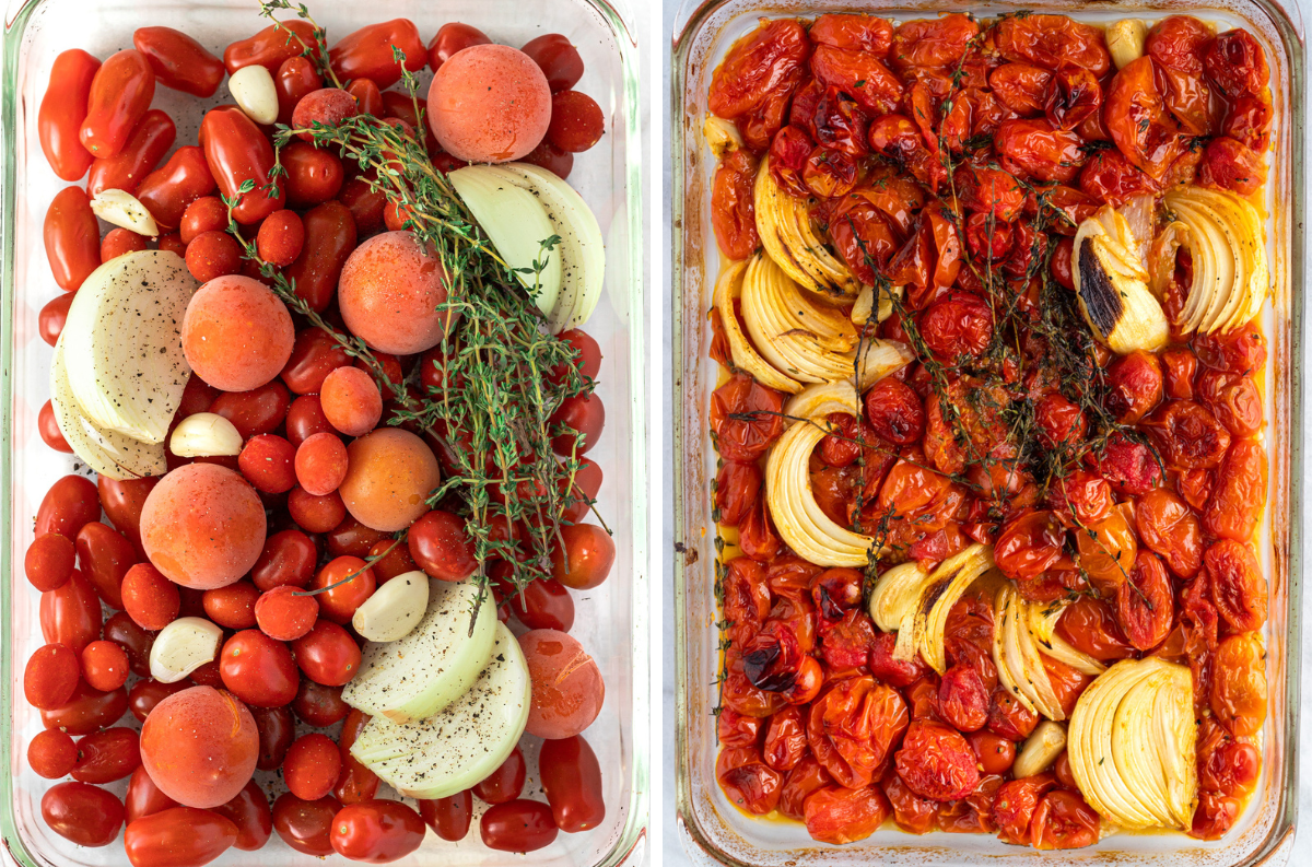 Pan of raw tomatoes and photo of them after roasting.