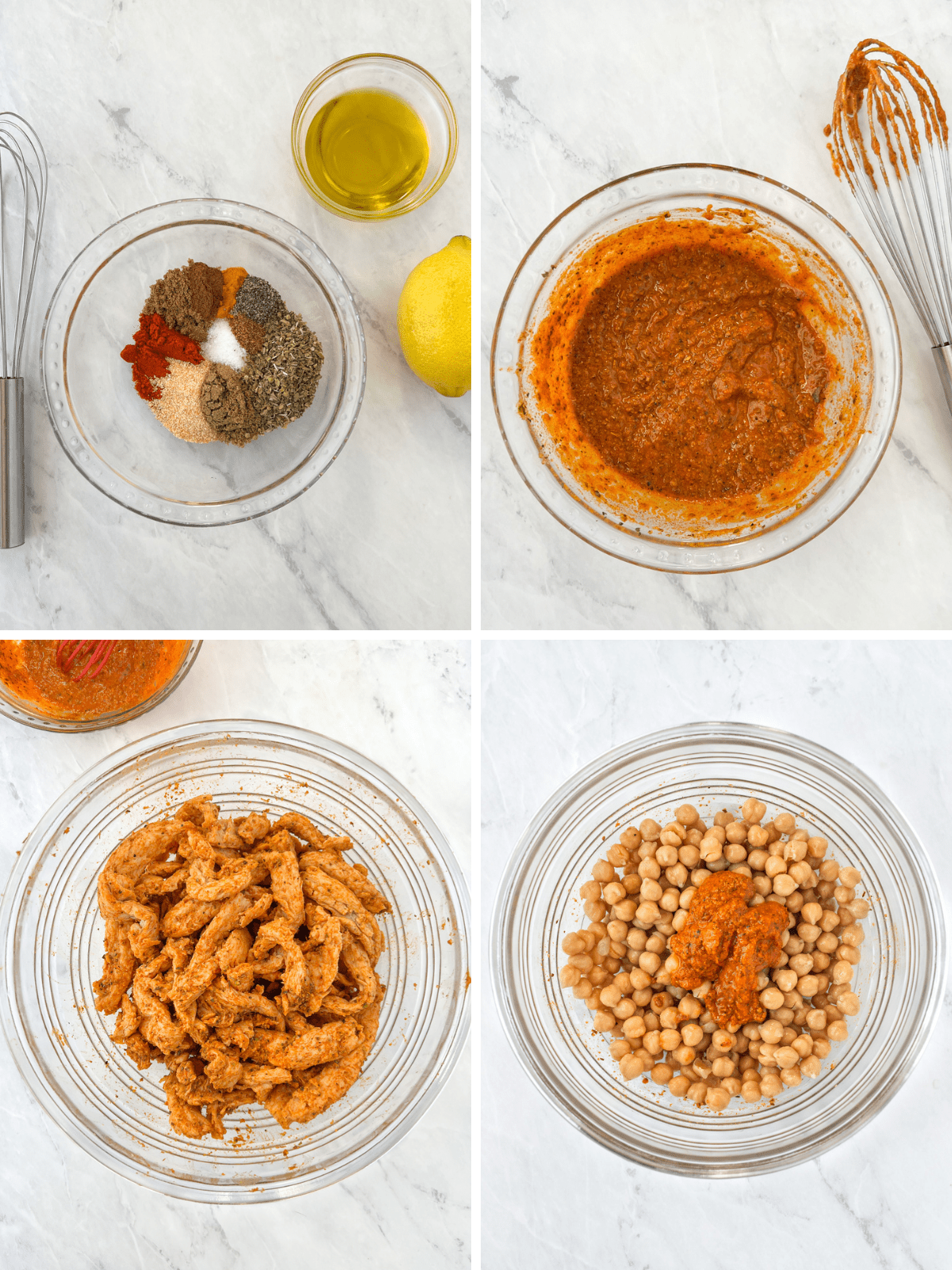Four photos of shawarma spice blend mixed in two bowls with soy curls and chickpeas.