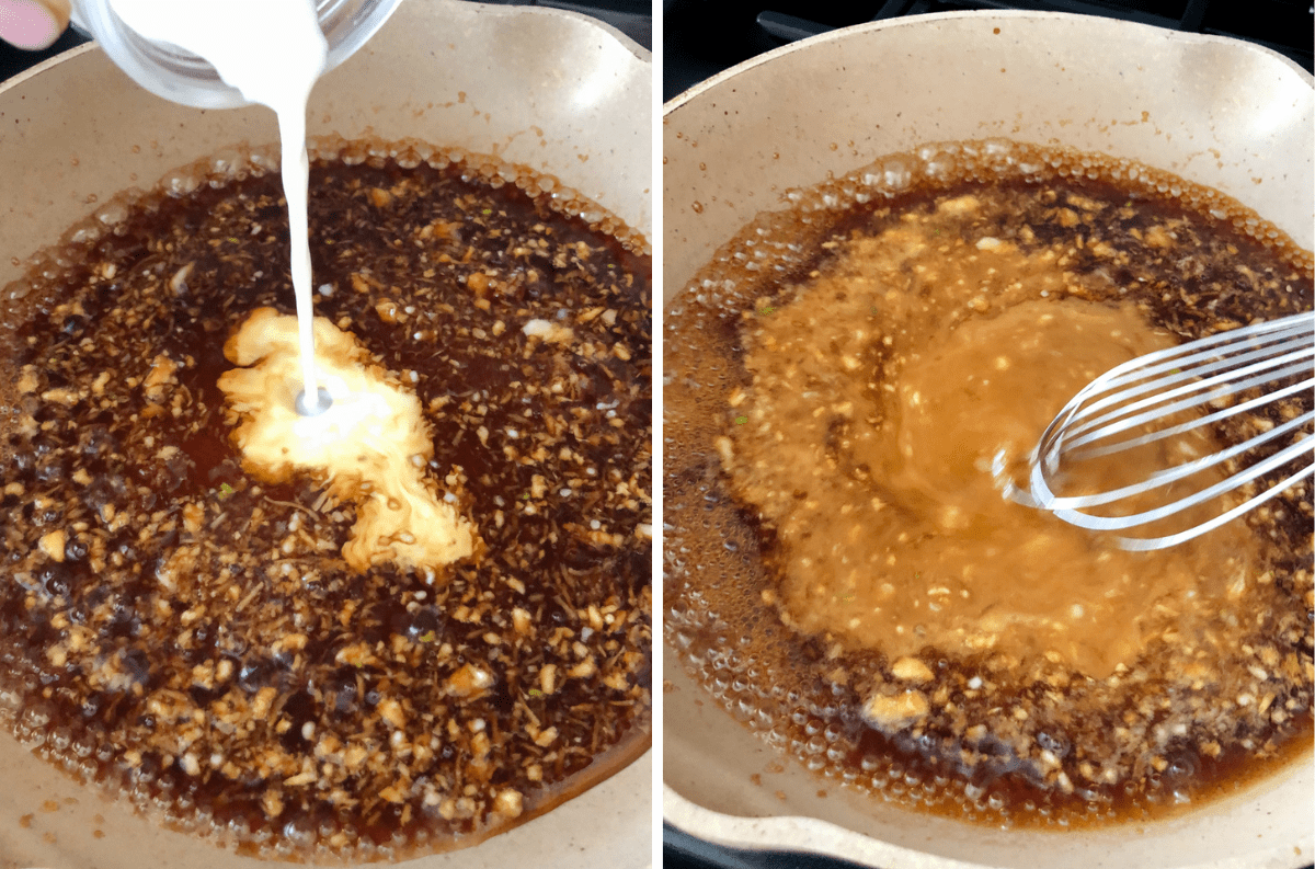 Two photos of teriyaki sauce being thickened with cornstarch slurry being whisked into sauce in pan.