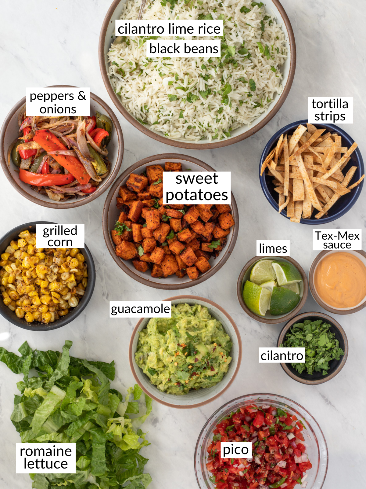 Counter top of bowls filled with vegan burrito bowl ingredients.