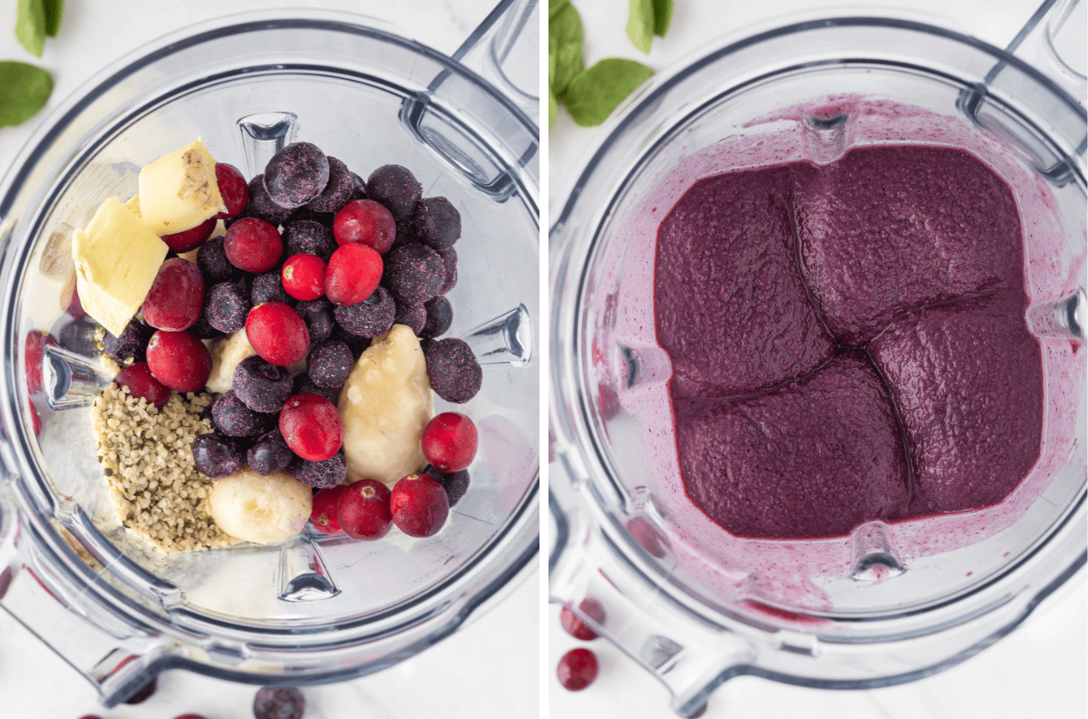 Overhead shot of blender filled with berries and bananas next to an overhead shot of the blueberry smoothie blended together.