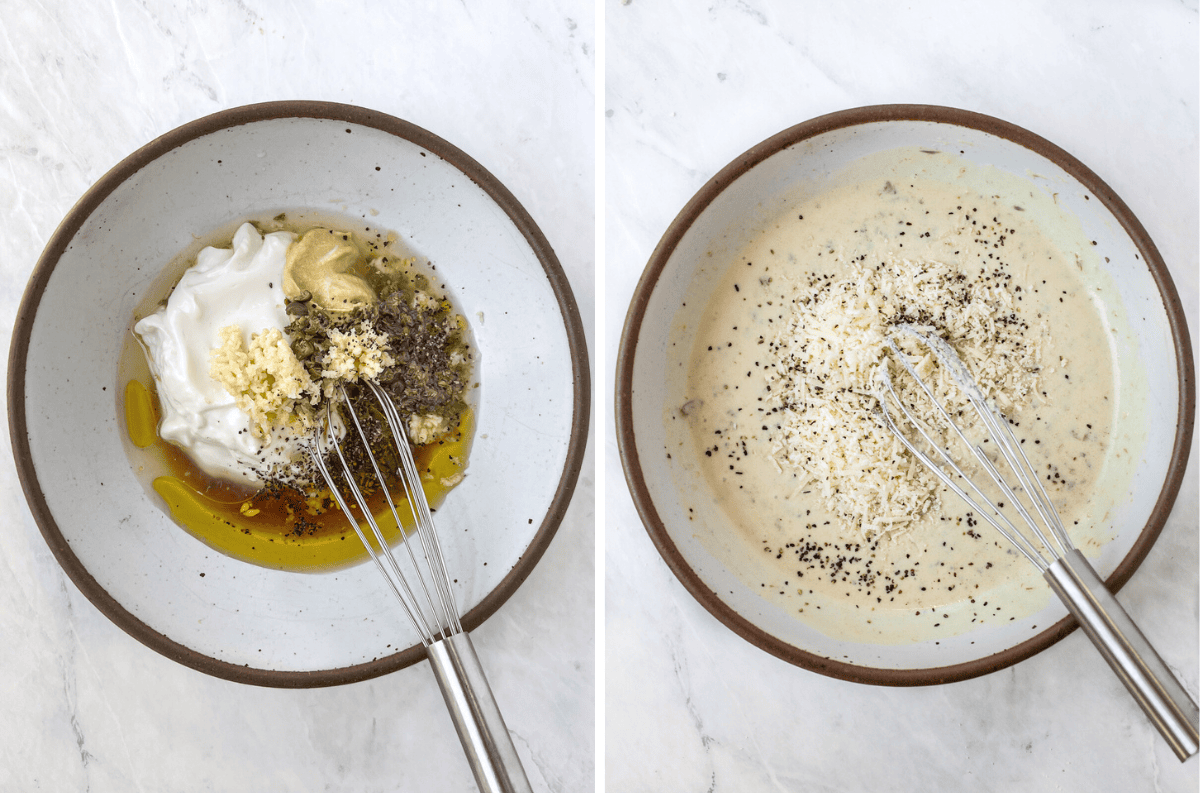Photos of caesar dressing ingredients in a bowl, and also being whisked together.