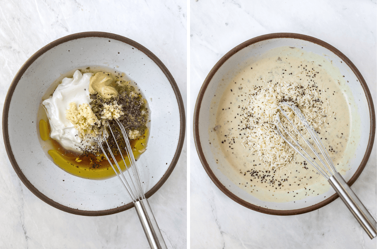 Whisking ingredients for plant based caesar dressing in a bowl.